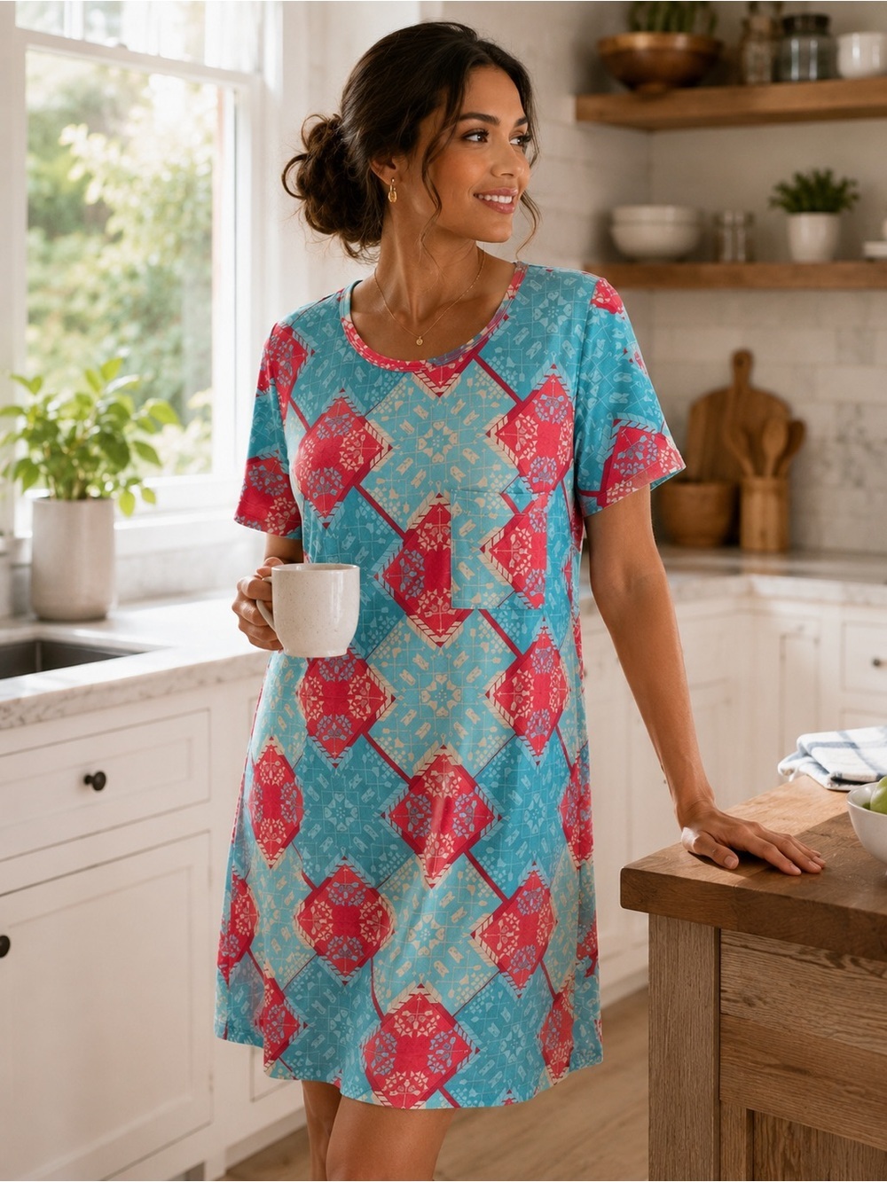 LuLaRoe Teal & Pink Geometric Midi Dress